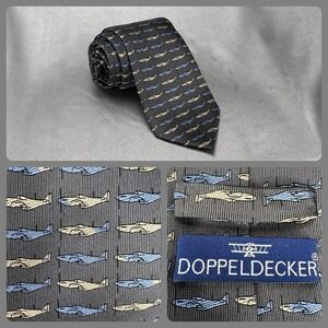 Doppeldecker Silk Tie WWII Style Fighter / Trainer Airplanes Charcoal Vintage